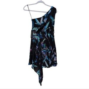 NWT Marciano Black Blue Floral Asymmetrical One Shoulder Mini Dress size 2